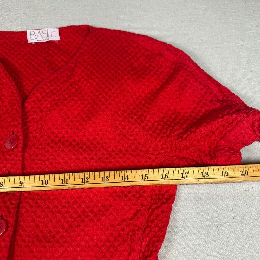 Basile Italy Bright Red Textured Cotton Short Sleeve Button Up Jacket Blazer 90s